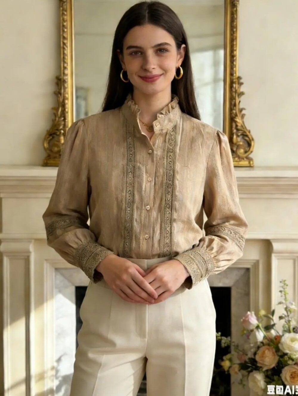 IT 12 Imported Feom France 100% Cotton Lace-Trim Ruffled Neck Blouse - Beige